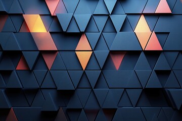 Abstract geometric background with dark blue and glowing orange triangles.