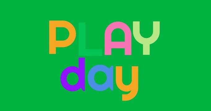 Digital animation of colorful play day text banner against transparent background