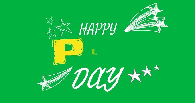 Digital animation of happy play day text banner with start icons against transparent background