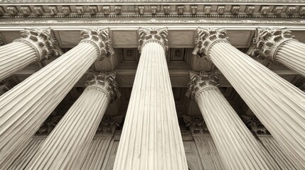 Low angle view of majestic classical columns on a historic building facade.