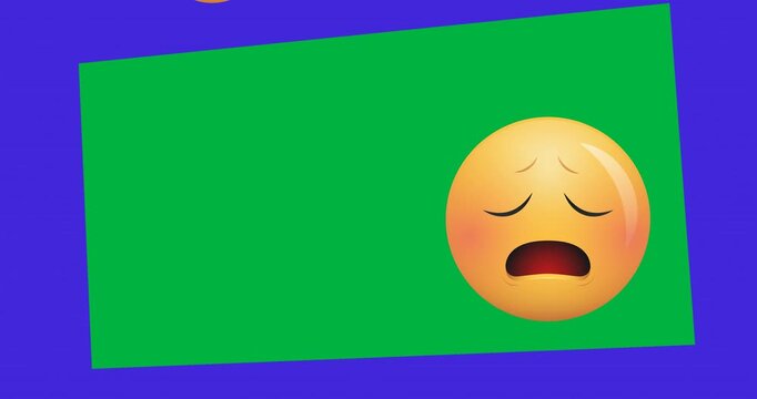 Multiple smiley face emojis falling against blue frame on transparent background