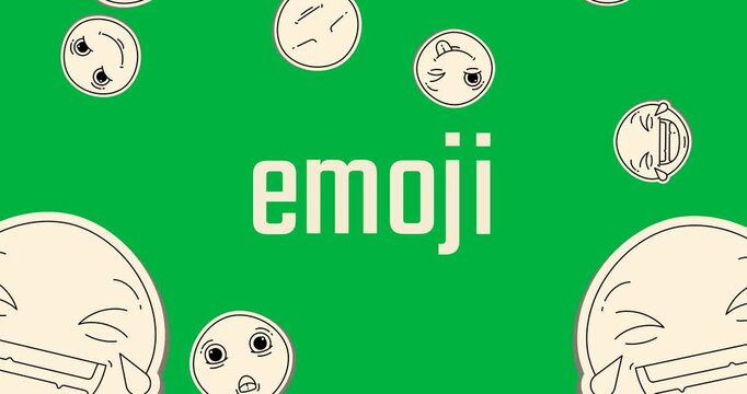 Emoji text banner over multiple face emojis falling against transparent background