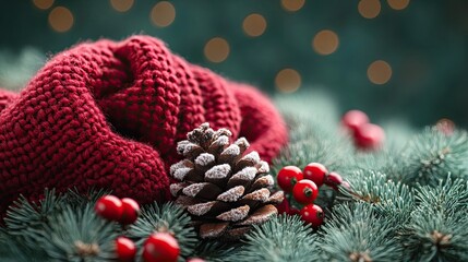 Warm Red Knitted Scarf and Pinecone on Green Spruce Branches with Christmas Bokeh Lights.