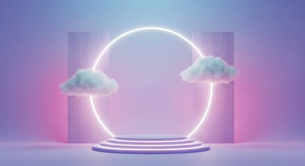 Dreamy oval neon portal with fluffy clouds and futuristic pillars