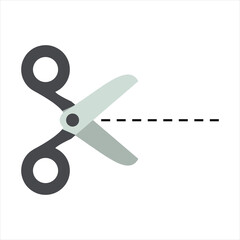 Vector Illustration of Scissors Cutting Line, Coupon Cut Icon, Dashed Line Cut Symbol, Editable Clipart for Discount, Sale, Voucher, Printable Template, Craft Tool, School Supplies Design.