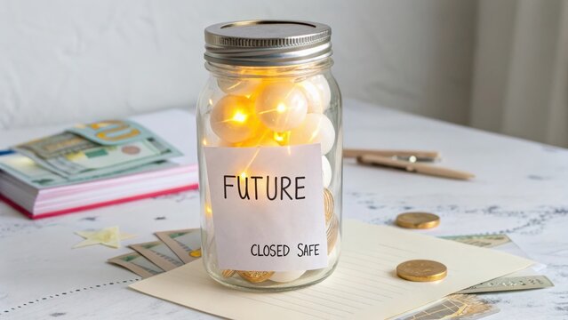 Glass jar filled with coins and lights represents saving for the future in a cozy workspace setting with financial documents