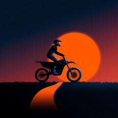 Fototapeta premium A motorcyclist rides a dirt bike on a winding path at sunset, silhouetted against a large, glowing orange sun with a darkening sky background