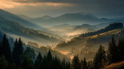 Obraz premium Majestic Mountain Landscape Reflected in Clear Alpine Lake — Scenic Nature Panorama with Forest, Blue Sky, and Morning Mist in Peaceful Wilderness