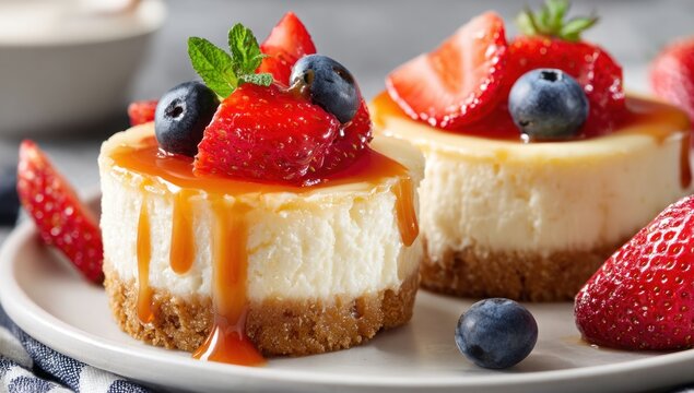 Close-up of two mini cheesecakes topped with berries, sauce, and mint on a plate - Powered by Adobe
