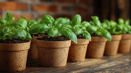 Fresh Green Basil Plants Growing in Terracotta Pots.