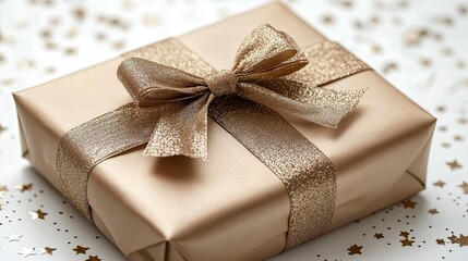 Elegant golden gift box with a shiny ribbon bow on a festive star confetti background.