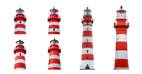 Collection of Red and White Striped Lighthouses Isolated on White, PNG bundle collection, Isolated on Transparent Background