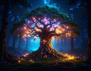 Magical glowing tree in a dark forest