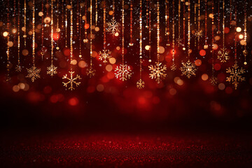Naklejka premium Golden snowflakes and glittering beads hang against a rich red bokeh background, creating a festive and elegant holiday atmosphere