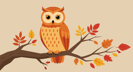 Autumn Owl Illustration on a Branch with Colorful Fall Leaves