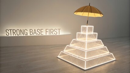 Illuminated pyramid-shaped structure with a golden umbrella, showcasing the concept of stability and protection in design