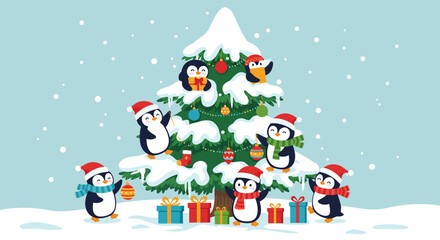 Festive Penguins Decorating a Christmas Tree with Gifts in a Snowy Scene