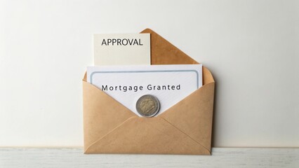 Approval Letter Inside Envelope with Coin on Table, Representing Mortgage Granted Notification and Financial Success