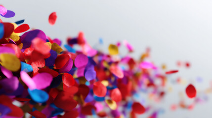 Bright, colorful confetti pieces float and scatter against a light background, creating a festive and vibrant atmosphere with a mix of red, pink, blue, purple, and yellow hues