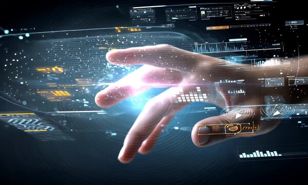 Hand Reaching Through Digital Data Stream in Dark Background with Futuristic Technology Elements and White Light Glow Effect and Transparent Overlay