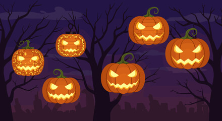 Halloween Pumpkins Glow Spooky Night Scene with Carved Jack-o'-Lanterns