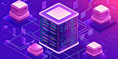 Isometric illustration of a futuristic server rack and data center network infrastructure with neon lights.
