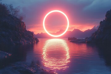Mystical Sunset Landscape with a Luminous Circle Reflection.
