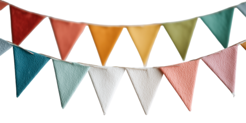 Colorful triangle fabric garland against a white and transparent background, providing festive decoration. Concept for party embellishment, celebratory event decor and birthday celebration accent
