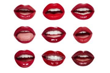 Compilation of various red lip expressions with teeth on a black background, displaying emotion. Concept for beauty product promotion, fashion industry, and seductive marketing campaigns