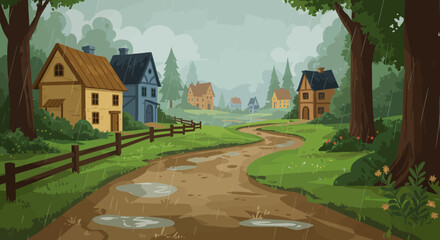Rainy Day Village A Tranquil Landscape of Homes and Nature