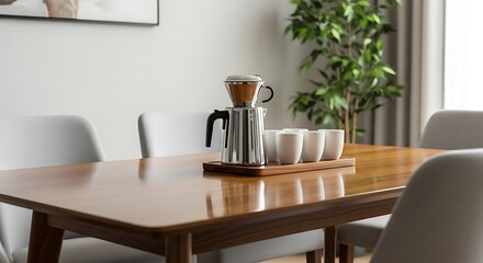 A stylish pour-over coffee brewing set with ceramic cups on a wooden dining table, ready for a morning coffee ritual in a modern home