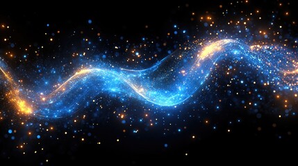 Abstract cosmic wave of glowing blue and gold particles flowing through deep space.
