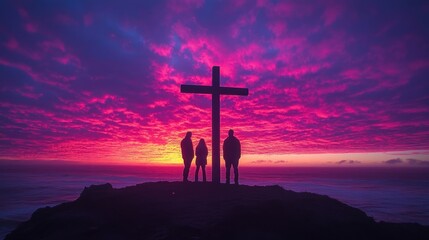 Three people silhouetted against a vibrant purple sunset at a Christian cross.