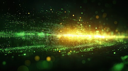 Glowing green and yellow digital data stream moving at light speed.
