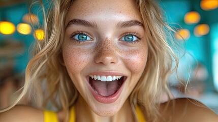 Ecstatic beautiful young woman with a radiant smile and blue eyes looking at the camera.