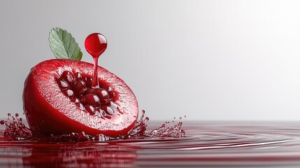 Dynamic splash of red juice into a fresh cut pomegranate fruit.