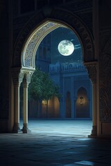 Mysterious Moorish Palace Courtyard Under a Full Moon Night.
