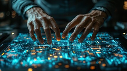 Futuristic Technology Concept with Hands on Glowing Data Panel.