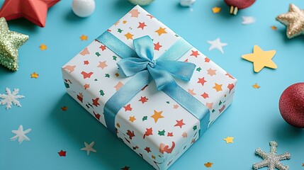 Festive Christmas gift box with blue ribbon and decorations on a blue background.