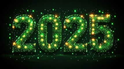 Glowing green 2025 New Year sign on a digital circuit board background.