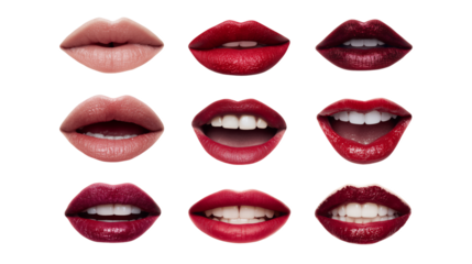 Set of nine isolated lips with different makeup and expressions on white and transparent background, concept for beauty product advertising, cosmetic promotions and lipstick color palette design
