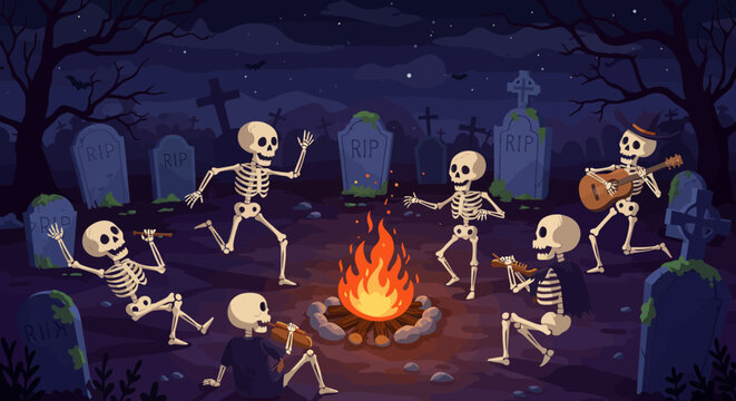 Graveyard Jamboree Skeletons Dancing Around a Bonfire on Halloween Night