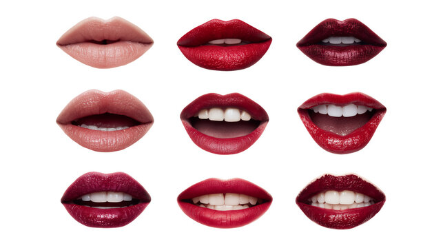 Set of nine isolated lips with different makeup and expressions on white and transparent background, concept for beauty product advertising, cosmetic promotions and lipstick color palette design - Powered by Adobe