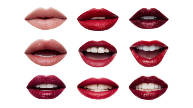 Set of nine isolated lips with different makeup and expressions on white and transparent background, concept for beauty product advertising, cosmetic promotions and lipstick color palette design