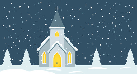 Fototapeta premium Snowy Church Scene A Wintertime Illustration of Faith and Community