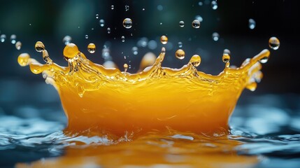 Dynamic orange juice splash forming a crown in clear water.