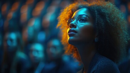 Cinematic Portrait of a Captivated Woman with Afro Hair in a Crowd Under Blue and Orange Lights.