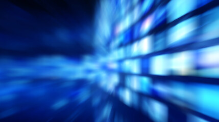 Blurred digital blue screens in motion create a futuristic technology background with dynamic light streaks and a sense of speed and depth