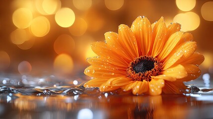 Vibrant orange gerbera daisy with water drops on a reflective surface.