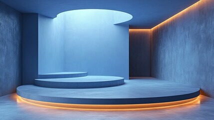 Futuristic Concrete Podium with Blue and Orange Neon Lights for Product Display.